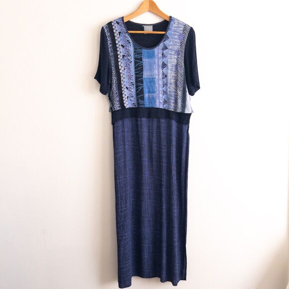 VTG Rabbit Rabbit Rabbit Design Boho Artist Blue Layered Maxi Dress Size 12M - Picture 1 of 15